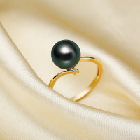 海瞳 14K金 大溪地黑珍珠戒指 9-10mm 正圆 珍珠戒指 女 送恋人爱人 戒指 珍珠