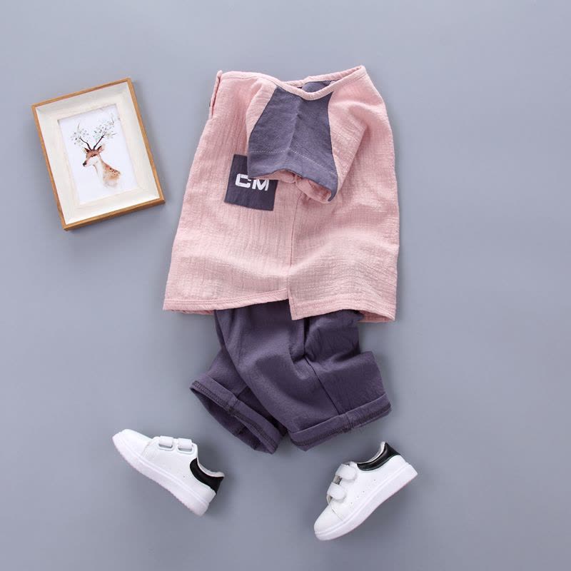 2019夏季新款男中小童棉麻短袖套装 韩版纯色棉麻T恤短裤两件套17002图片