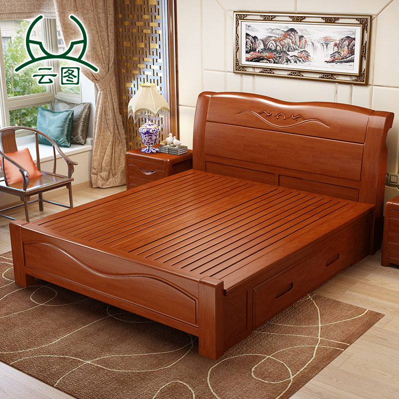 云图家具 实木床 1.8米双人床储物高箱床 中式床 实木婚床XXMC05