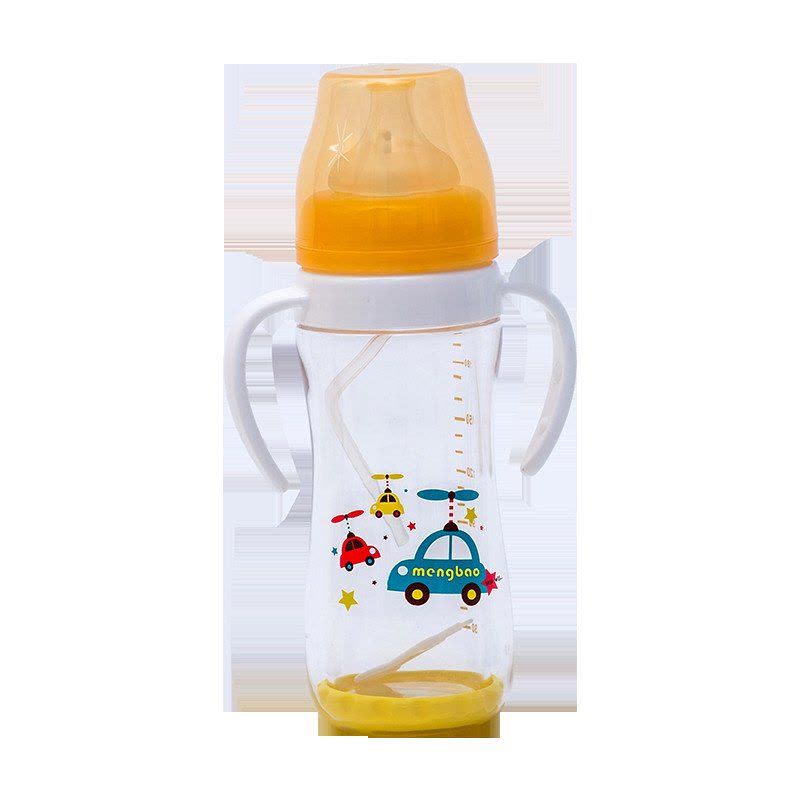 盟宝玻璃奶瓶 婴儿带手柄吸管宽口径奶瓶 宝宝双层防摔晶钻玻璃奶瓶220ml黄色图片