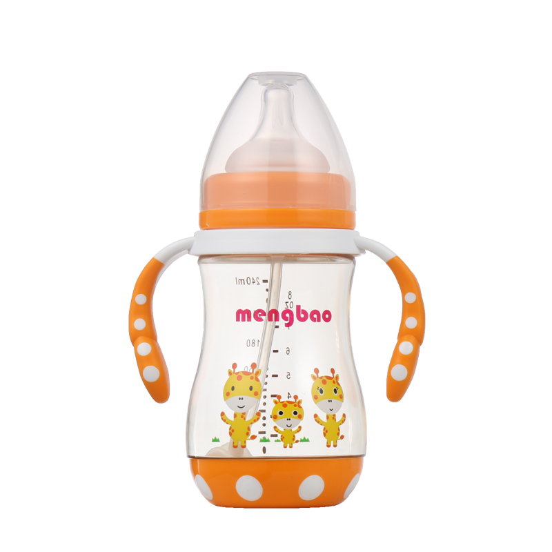 盟宝婴儿宽口径PPSU奶瓶带把手 儿童防摔耐高温PPSU水壶240ml橙色