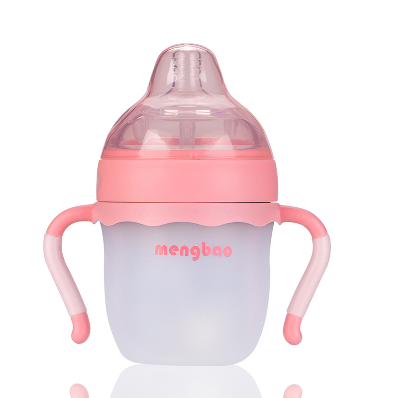 盟宝婴儿宝宝硅胶奶瓶 新生儿宽口径带吸管手柄全软防胀气喝水奶瓶160ML粉红
