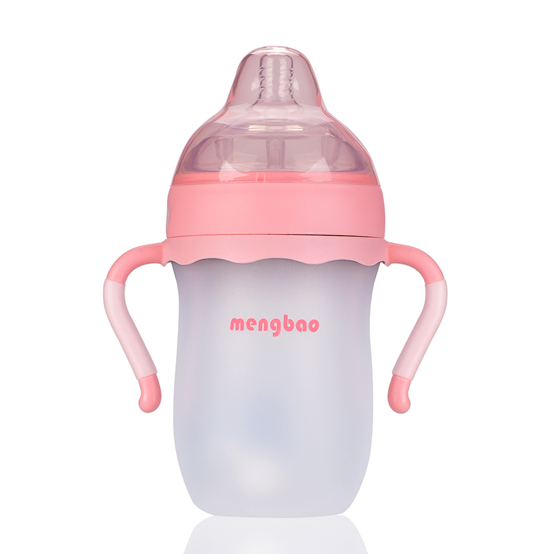 盟宝婴儿宝宝硅胶奶瓶 新生儿超宽口径带吸管手柄全软防胀气喝水奶瓶260ml粉红