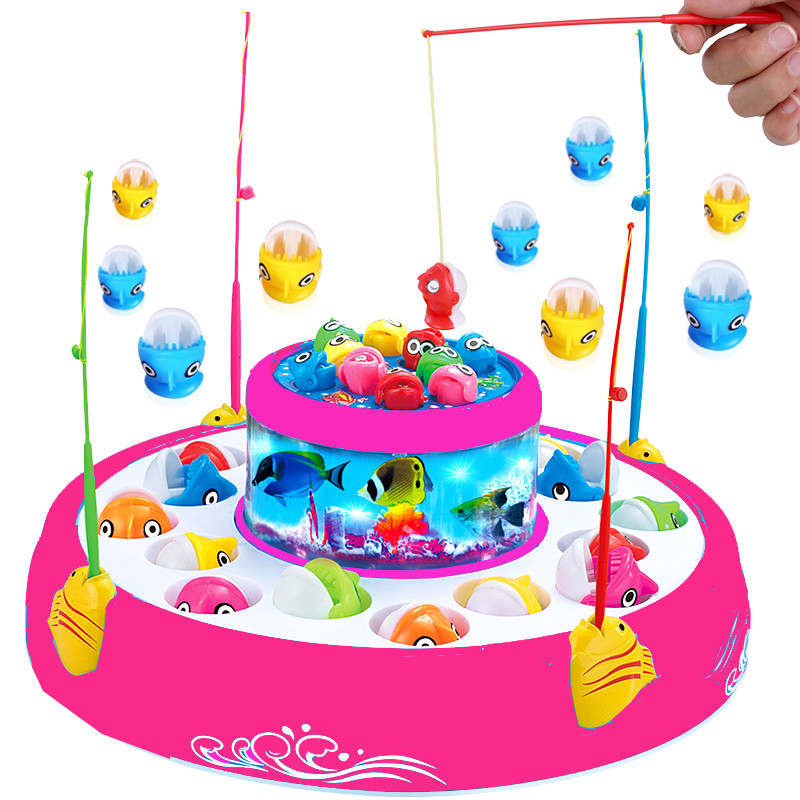 儿童磁性钓鱼玩具 电动旋转式音乐抓鱼玩具 小女孩捕鱼玩具 宝宝幼儿1-2-3岁早教益智玩具 有3D海洋灯光 亲子互动玩具