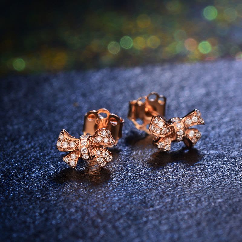 恒久之星玫瑰金色18K金钻石耳钉爱心蝴蝶结个性钻石耳钉钻石礼物图片