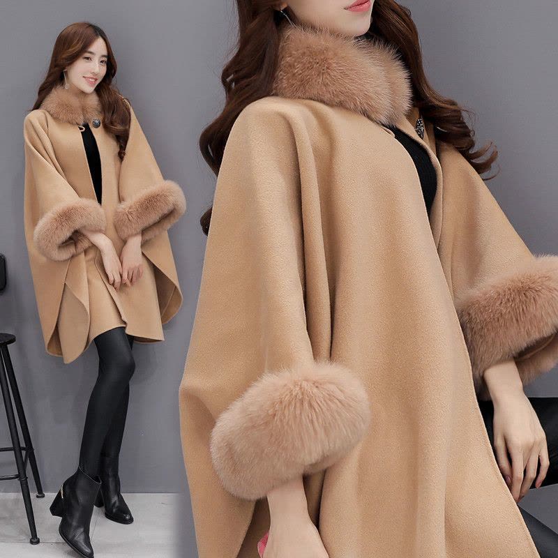 班俏冬装新款韩版中长款羊毛呢子大衣气质斗篷披肩外套女风衣女装图片