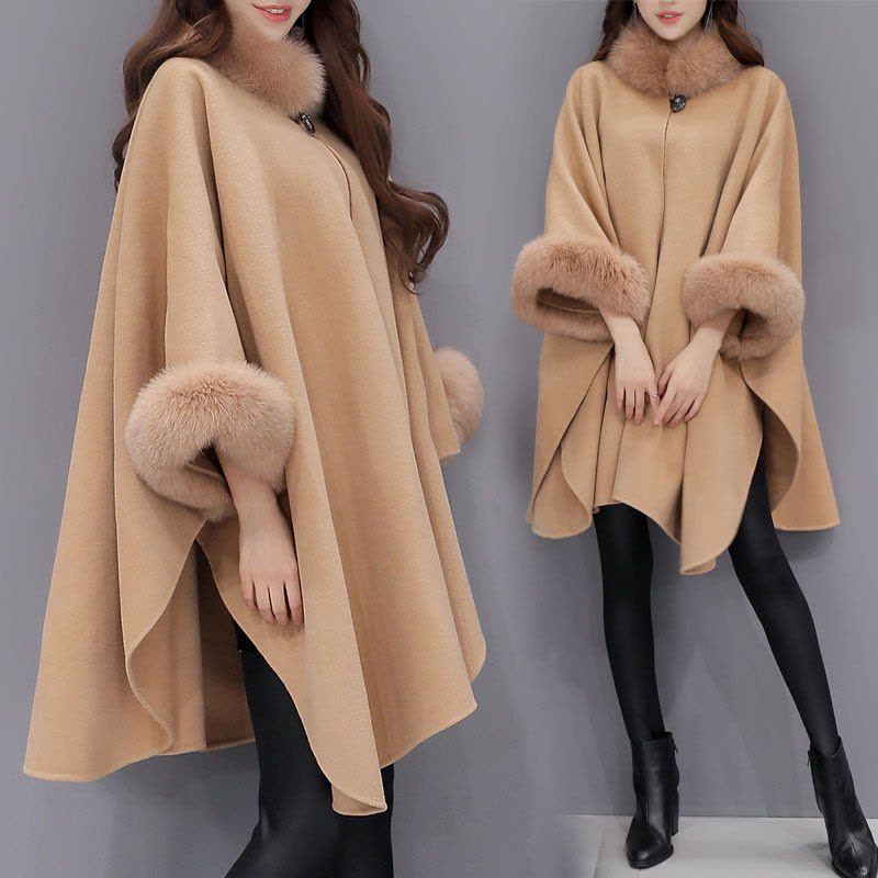 班俏冬装新款韩版中长款羊毛呢子大衣气质斗篷披肩外套女风衣女装图片