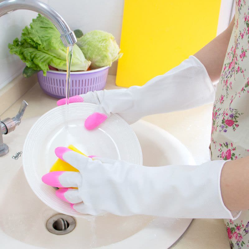 魅洁 家务清洁手套洗碗橡胶手套（中号M）不加绒薄款男女防水乳胶手套 颜色随机发图片