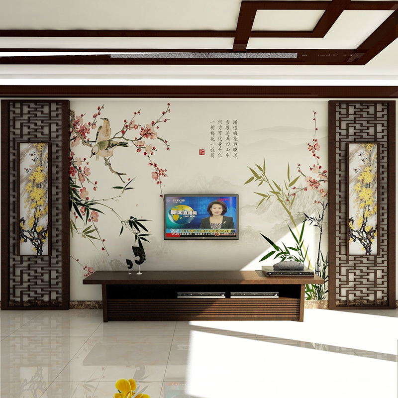 大型壁画电视背景墙壁纸壁画客厅卧室现代中式山水梅花视频
