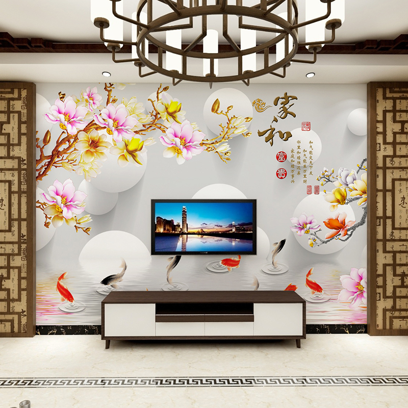 大型壁画电视背景墙壁纸壁画客厅卧室家和3d玉兰九鱼图视频