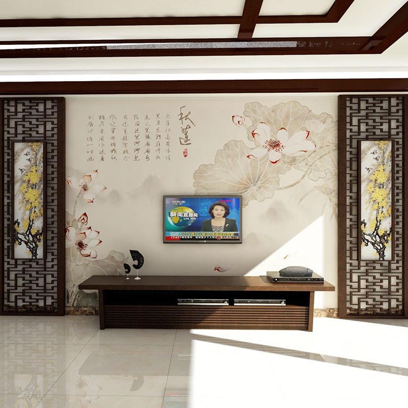 大型壁画电视背景墙壁纸壁画客厅卧室现代中式山水秋莲视频