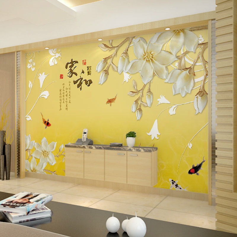 大型壁画电视背景墙壁纸壁画客厅卧室立体花卉家和富贵九鱼图视频