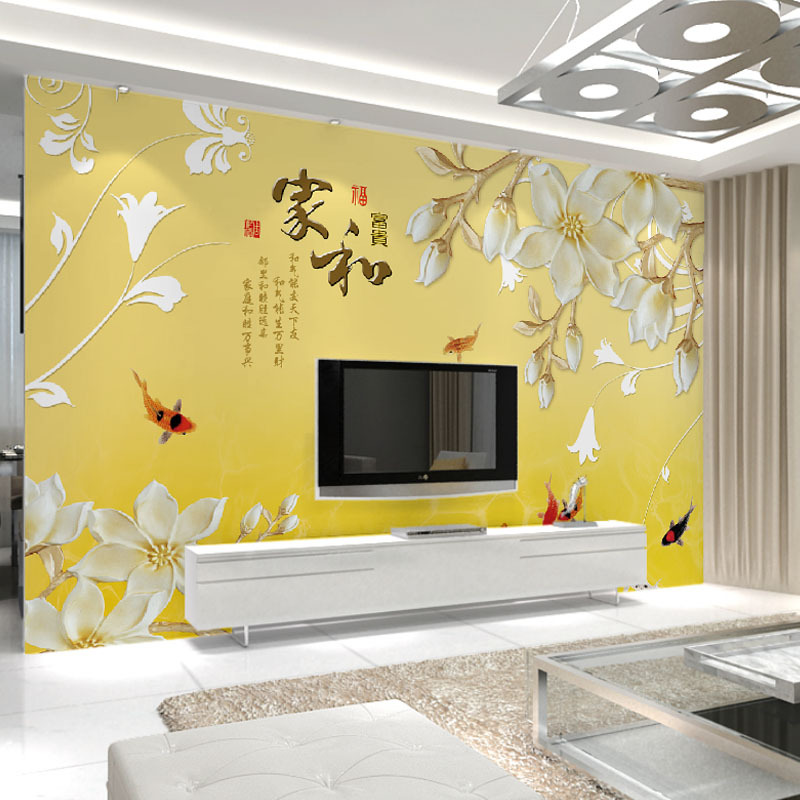 大型壁画电视背景墙壁纸壁画客厅卧室立体花卉家和富贵九鱼图视频