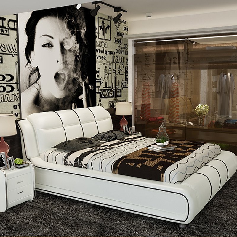 品一 现代简约双人床 1.8米真皮实木床 1.5米小户型卧室皮艺床家具