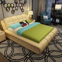 品一 现代简约双人床 1.8米真皮实木床 1.5米小户型卧室皮艺床家具