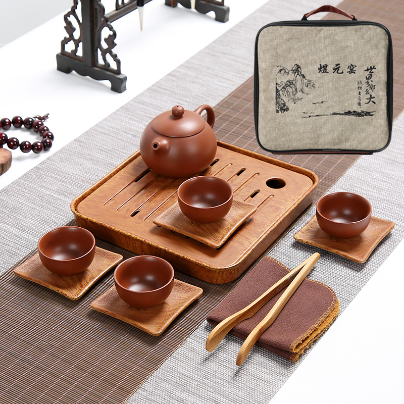 紫砂茶具套装便携旅行茶具商务送礼品带旅行包密安茶盘颜色8