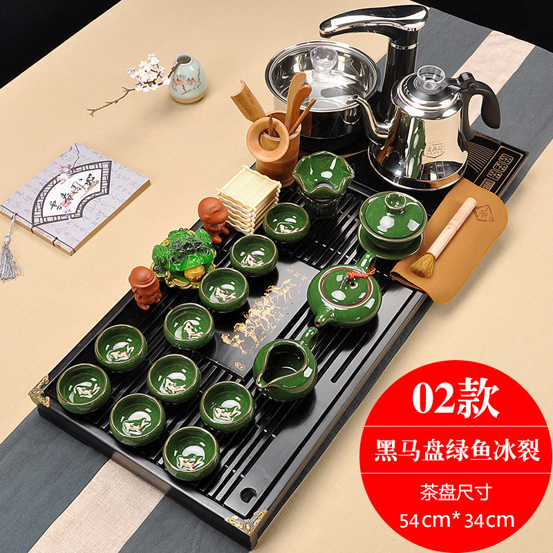 全自动电磁炉四合一功夫茶具套装柯木实木茶盘拼接整版家用全套21