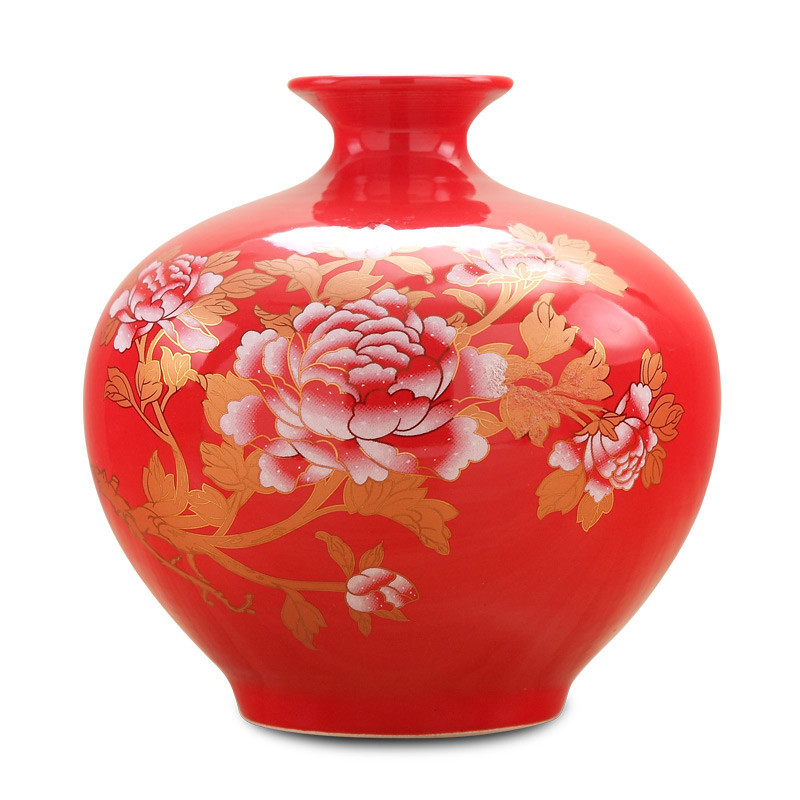 景德镇陶瓷器艺术品中国风红色花插花瓶小号客厅个性结婚礼物摆件7