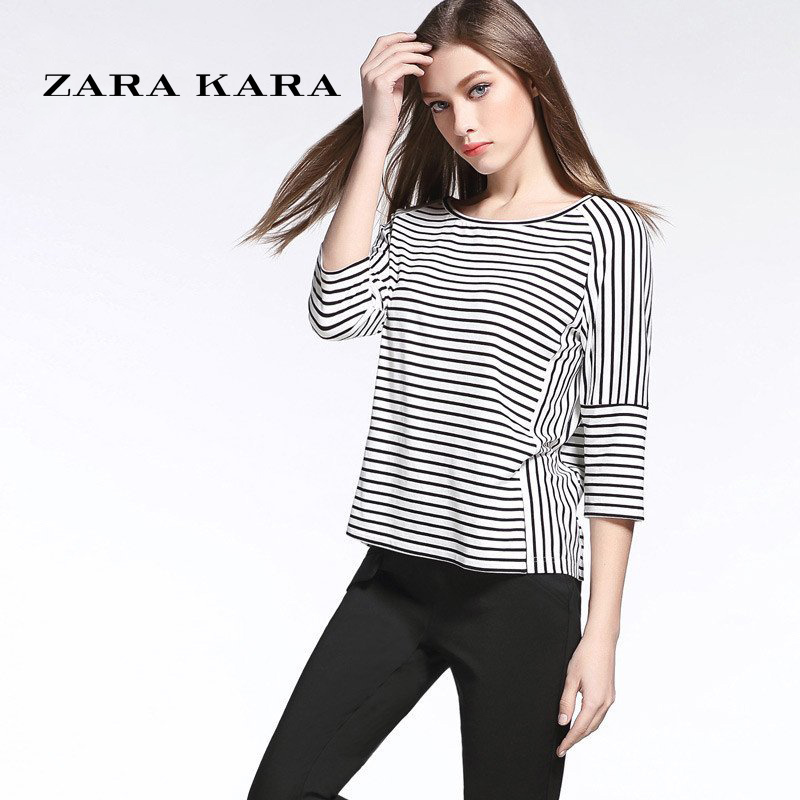 ZARA KARA黑白细横条纹t恤女装宽松海军风短袖体恤女2018夏季春装新款潮