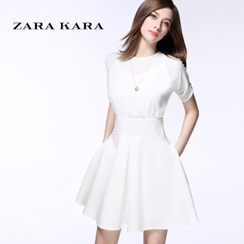 ZARA KARA吊带拼接假两件雪纺公主连衣裙女短袖收腰显瘦2018夏装新款女装