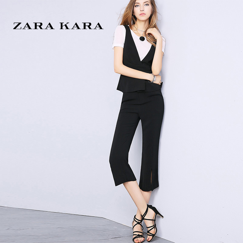 ZARA KARA 时尚套装两件套OL气质无袖V领上衣开叉铅笔裤2018夏装新款女装