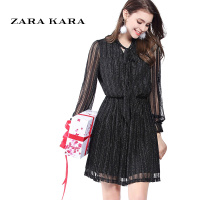 ZARA KARA 镂空系带圆领口蝴蝶结雪纺时尚亮片连衣裙2018春装新款女装裙子