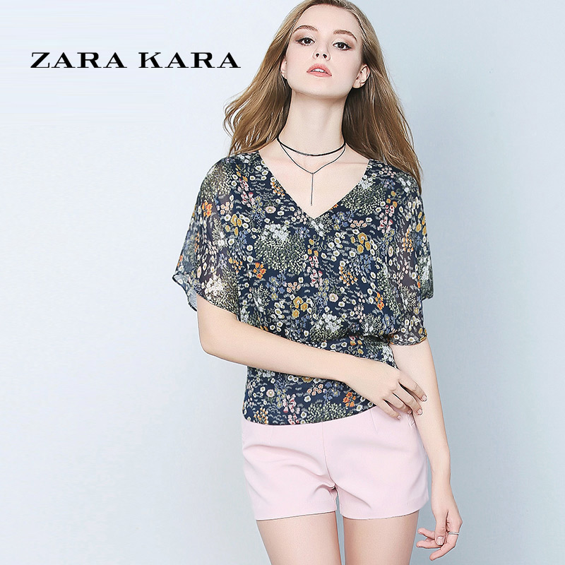 ZARA KARA荷叶袖露背印花雪纺衫V领短袖修身显瘦碎花上衣女2018夏装新款