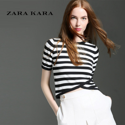 ZARA KARA 不规则黑白条纹拼接T恤女装夏装短袖体恤衣服2018春季新款小衫
