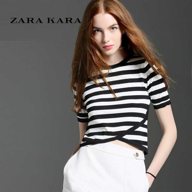 ZARA KARA 不规则黑白条纹拼接T恤女装夏装短袖体恤衣服2018春季新款小衫