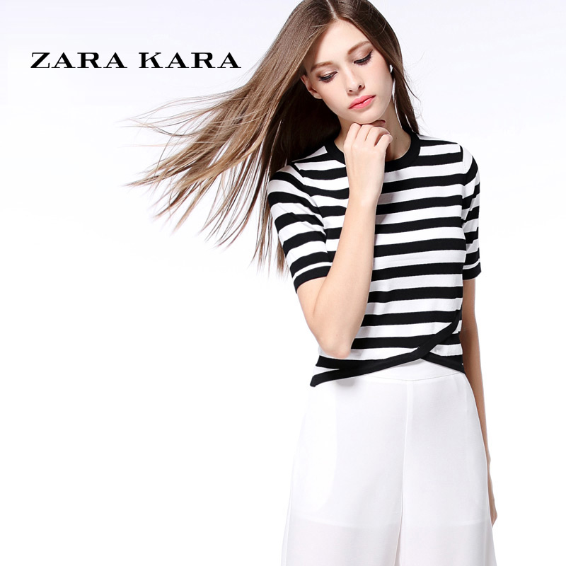 ZARA KARA 不规则黑白条纹拼接T恤女装夏装短袖体恤衣服2018春季新款小衫