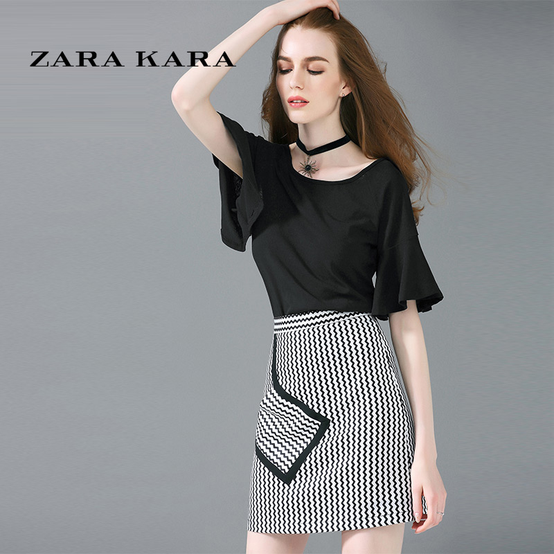 ZARA KARA 一字领喇叭袖针织t恤女宽松体恤纯色百搭上衣2018夏新款配项链