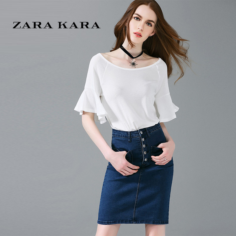 ZARA KARA 一字领喇叭袖针织t恤女宽松体恤纯色百搭上衣2018夏新款配项链