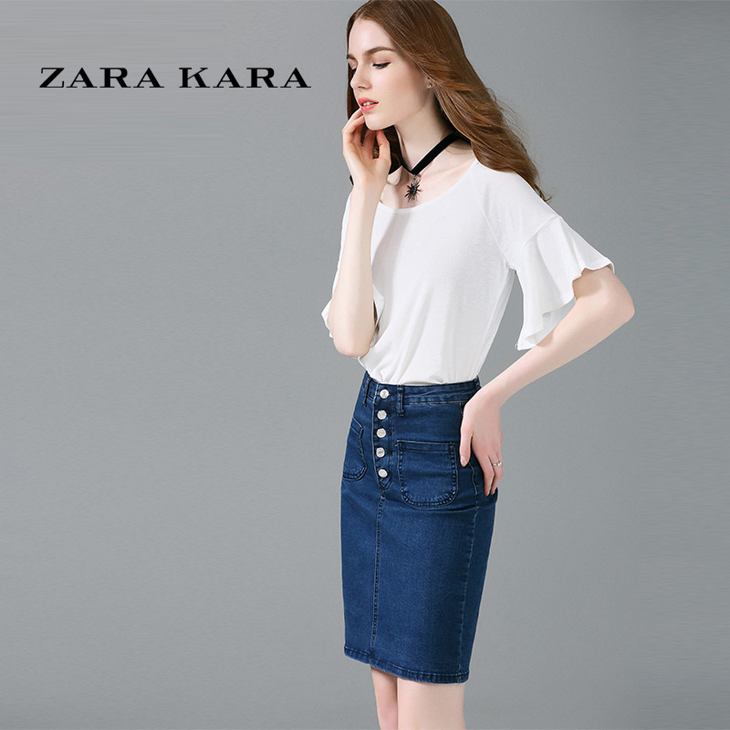 ZARA KARA 一字领喇叭袖针织t恤女宽松体恤纯色百搭上衣2018夏新款配项链