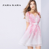 ZARA KARA 网纱镂空蝴蝶结系带印花雪纺连衣裙收腰显瘦淑女气质2018夏新款