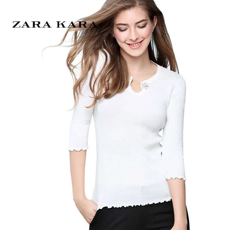 ZARA KARA 白色V领修身T恤女装中长袖紧身七分袖韩版打底衫2018春季新款图片