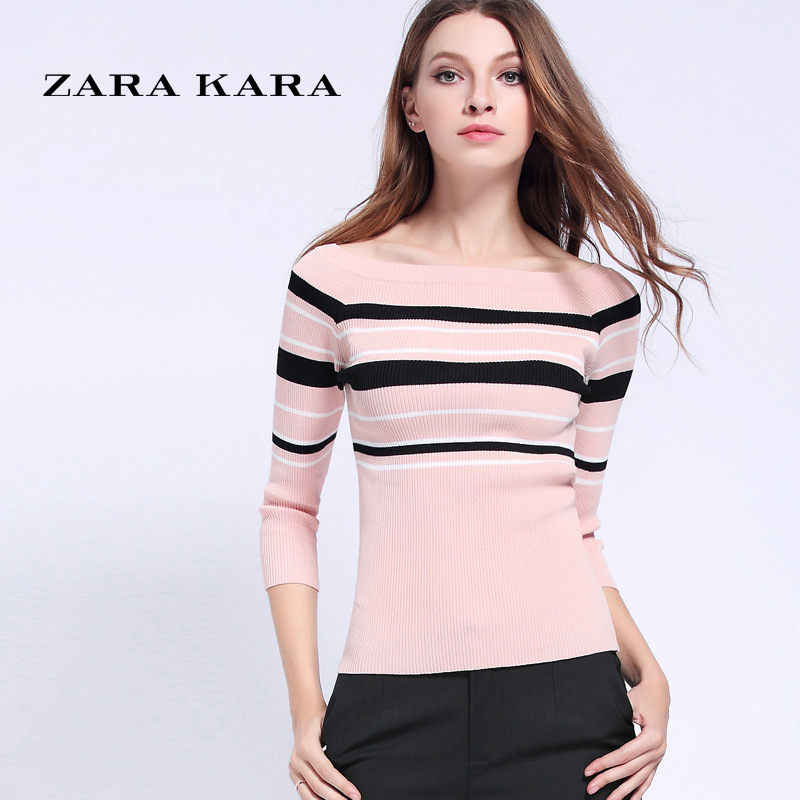 ZARA KARA粉色条纹T恤中长袖一字领修身上衣小衫打底衫2018春季新款女装
