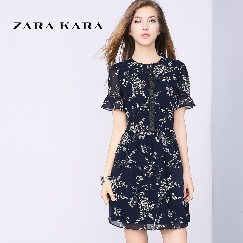 ZARA KARA镂空喇叭短袖雪纺连衣裙印花修身显瘦气质裙子2018夏新款女装
