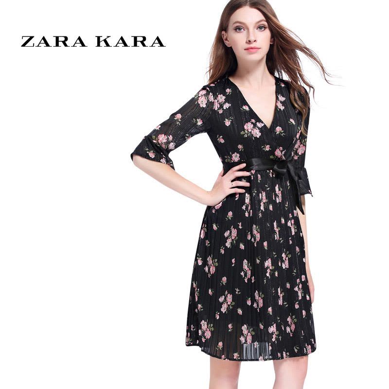 ZARA KARA2018春装新款女装时尚喇叭袖V领性感印花雪纺细带欧美连衣裙B图片