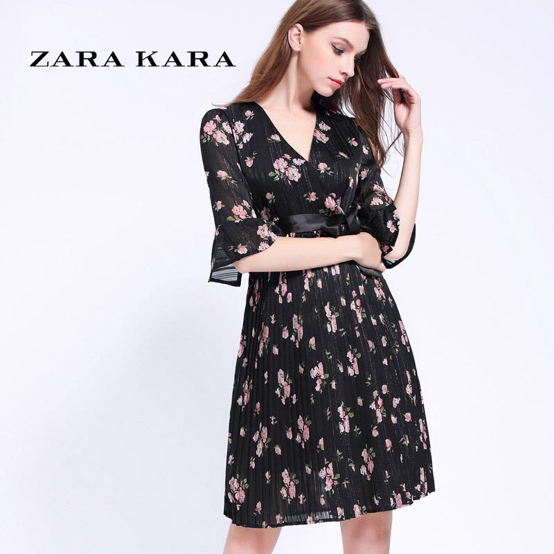 ZARA KARA2018春装新款女装时尚喇叭袖V领性感印花雪纺细带欧美连衣裙B图片