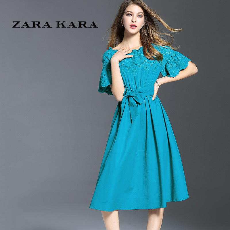 ZARA KARA2018春装新款女时尚细带蕾丝连衣裙收腰性感公主袖一字领裙子