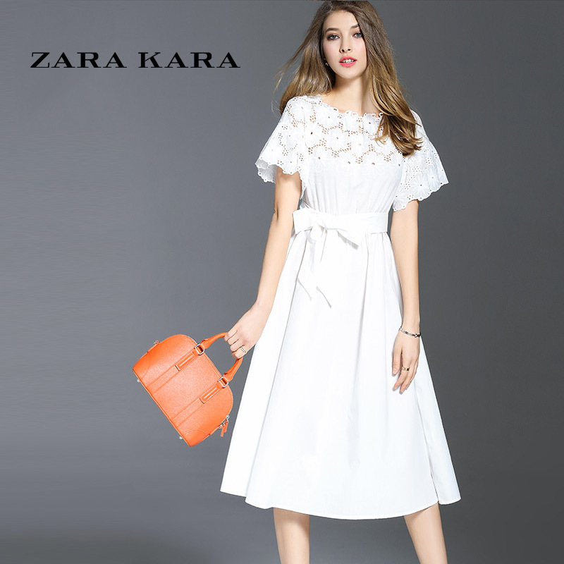 ZARA KARA2018春装新款女时尚细带蕾丝连衣裙收腰性感公主袖一字领裙子