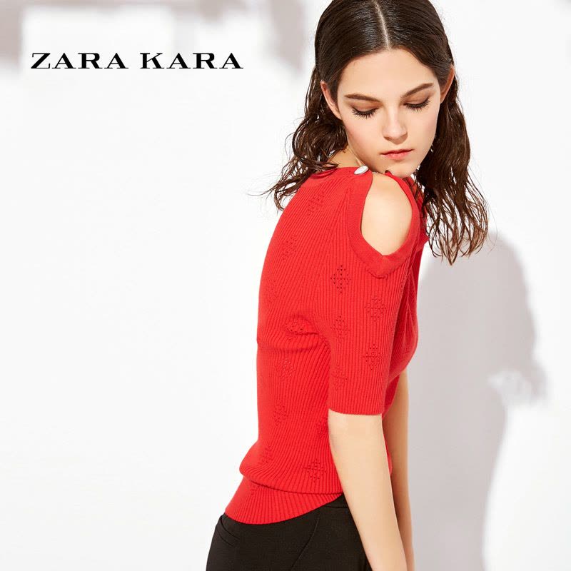 ZARA KARA2018春装新款女短袖露肩圆领针织衫修身显瘦宽松红色打底T恤图片