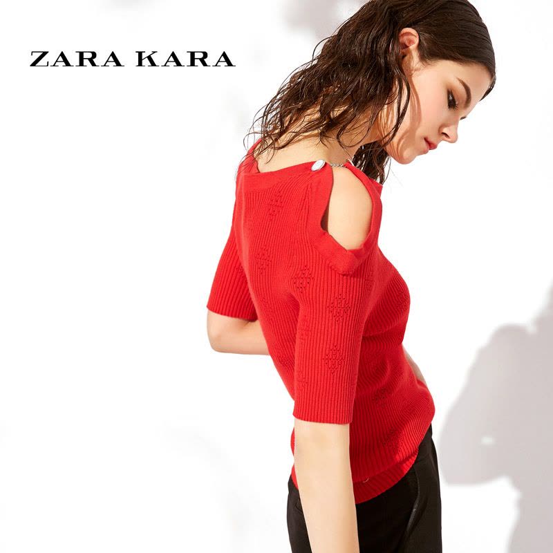 ZARA KARA2018春装新款女短袖露肩圆领针织衫修身显瘦宽松红色打底T恤图片