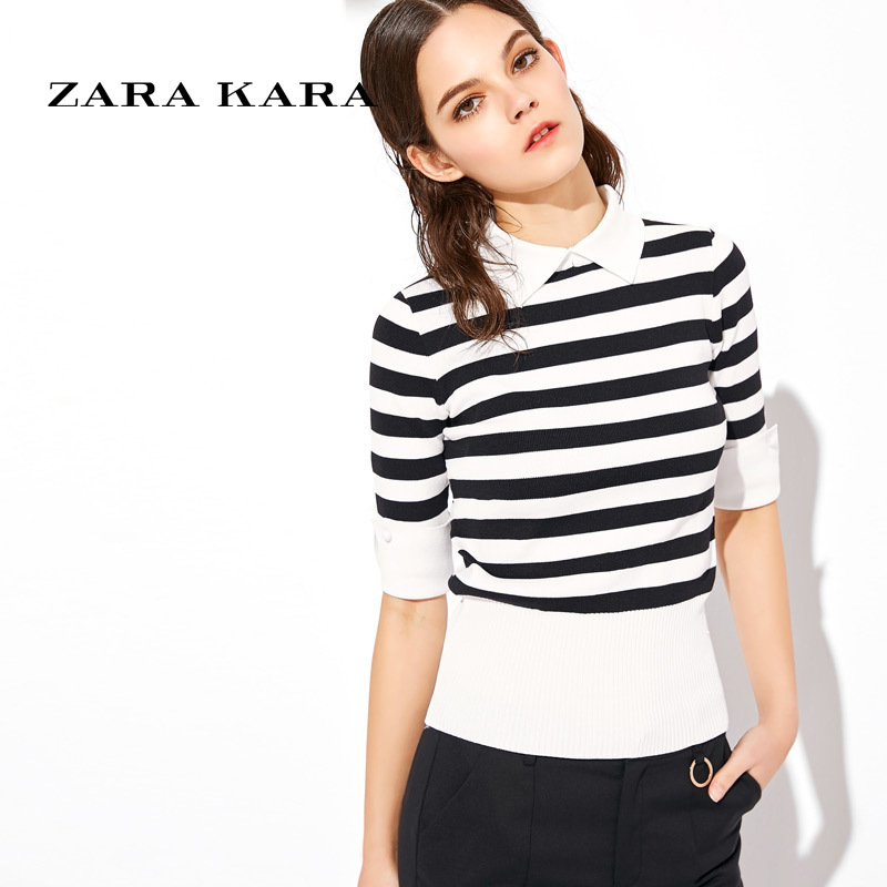 ZARA KARA2018春夏季新款条纹POLO领七分袖针织衫修身显瘦百搭体T恤衫女