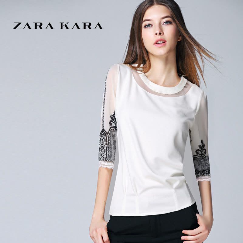 ZARA KARA2018新款春装雪纺衫女装镂空蕾丝打底衫拼接蕾丝衫印花雪纺上衣图片