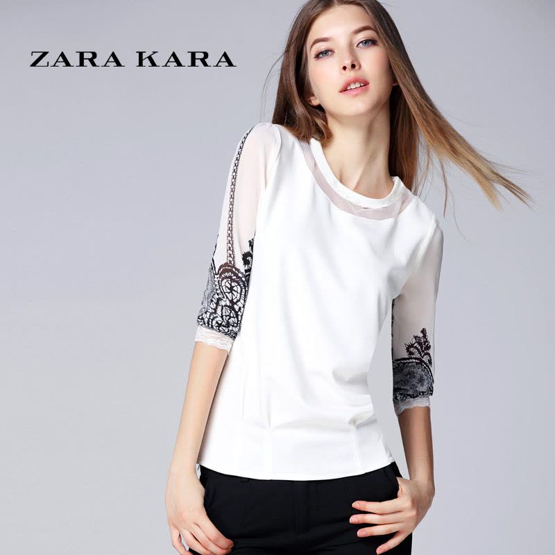 ZARA KARA2018新款春装雪纺衫女装镂空蕾丝打底衫拼接蕾丝衫印花雪纺上衣图片