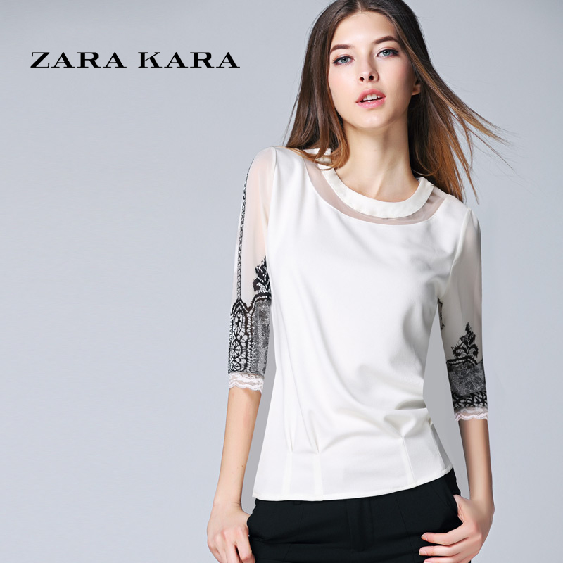 ZARA KARA2018新款春装雪纺衫女装镂空蕾丝打底衫拼接蕾丝衫印花雪纺上衣