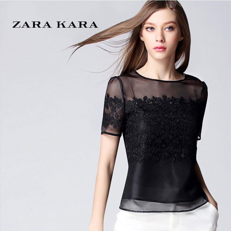 ZARA KARA2018新款女装夏装蕾丝衫短袖 镂空蕾丝雪纺衫网纱修身上衣春夏B图片