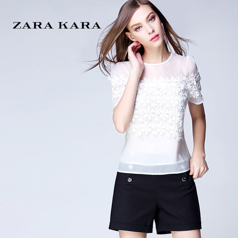 ZARA KARA2018新款女装夏装蕾丝衫短袖 镂空蕾丝雪纺衫网纱修身上衣春夏B