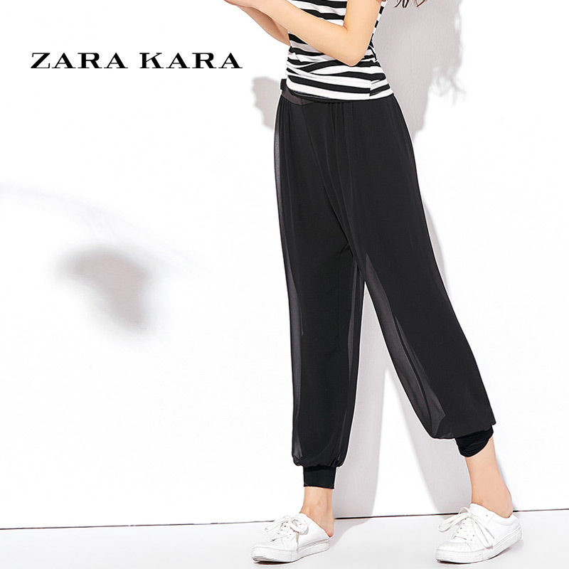 ZARA KARA黑色拼接束脚裤女韩版九分灯笼裤夏季新款薄款哈伦裤雪纺裤子B